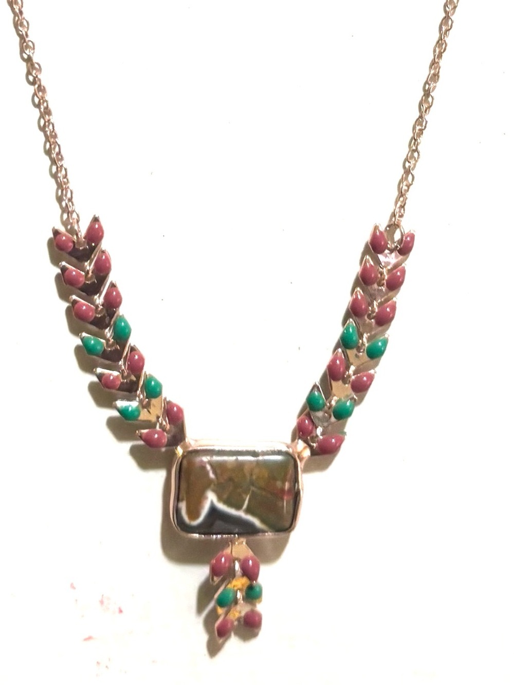 Rose Gold Tone Necklace with Pink and Green Enamel Accents and Stone Pendant